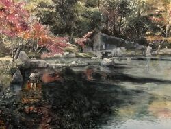 Rule 34 | day, forest, highres, mouen tw, nature, no humans, original, painting (medium), park, pond, reflection, reflective water, ripples, rock, shadow, sunlight, traditional media, tree, water, watercolor (medium)