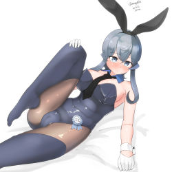 Rule 34 | 1girl, absurdres, adapted costume, alternate breast size, animal ears, black neckwear, blanket, blue hair, blue leotard, blue thighhighs, breasts, brown thighhighs, dated, detached collar, fake animal ears, fake tail, gloves, gotland (kancolle), hair between eyes, hair bun, half gloves, highres, kantai collection, leotard, long hair, looking at viewer, lying, maru (marg0613), mole, mole under eye, navel, neckerchief, necktie, on bed, pantyhose, playboy bunny, rabbit ears, simple background, single hair bun, spread legs, strapless, strapless leotard, tail, thighhighs, thighhighs over pantyhose, twitter username, white background, white gloves, wrist cuffs