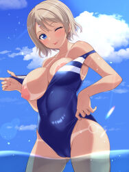 Rule 34 | 1girl, bikini tan, blue eyes, blue sky, blush, breasts, brown hair, cameltoe, cleft of venus, competition swimsuit, covered navel, day, highres, large breasts, looking at viewer, love live!, love live! sunshine!!, mobukichi, nipples, off shoulder, one-piece swimsuit, one breast out, one eye closed, outdoors, shiny skin, short hair, sky, smile, solo, standing, swimsuit, tan, tanline, watanabe you, water, wet