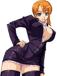 Rule 34 | 1girl, black jacket, black thighhighs, blouse, breasts, bursting breasts, business suit, cleavage, cosplay, formal, hand on own hip, huge breasts, jacket, kagami hirotaka, miniskirt, nami (one piece), nico robin, nico robin (cosplay), one piece, open clothes, open shirt, orange hair, pencil skirt, shirt, simple background, skirt, solo, suit, thighhighs, thighs, unzipped, white background, zettai ryouiki, zipper