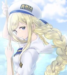 Rule 34 | 1girl, alicia florence, aogirism, aria (manga), aria company uniform, arm up, beret, blonde hair, blue bow, blue bowtie, blue eyes, blue ribbon, blue sky, bow, bowtie, braid, braided ponytail, breasts, closed mouth, cloud, cloudy sky, commentary request, from side, gold trim, hand up, hat, hat ribbon, holding, holding oar, long hair, looking at viewer, medium breasts, oar, ocean, parted bangs, ribbon, sailor collar, short sleeves, sidelocks, sky, solo, upper body, very long hair, water, white hat