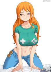 Rule 34 | 1girl, :q, absurdres, artist name, blue pants, breasts, brown eyes, closed mouth, collarbone, controller, crop top, denim, elpipe 3000, game controller, game controller print, green shirt, highres, jeans, kneeling, large breasts, long hair, looking at viewer, midriff, nami (one piece), navel, one piece, orange hair, pants, print shirt, shirt, short sleeves, shoulder tattoo, simple background, solo, stomach, tattoo, tongue, tongue out, white background