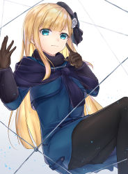 Rule 34 | 1girl, absurdres, aqua eyes, ass, bad id, bad pixiv id, black hat, black pantyhose, blonde hair, blue eyes, blue jacket, blush, breasts, brown gloves, commentary request, fate/grand order, fate (series), flower, fur collar, gloves, hair ornament, hands up, hat, highres, index finger raised, jacket, long hair, long sleeves, looking at viewer, lord el-melloi ii case files, nattsu (nattu888 8), pantyhose, reines el-melloi archisorte, shrug (clothing), smile, solo