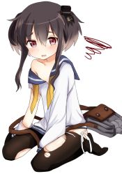 Rule 34 | 10s, 1girl, black hair, black pantyhose, brown eyes, dress, gradient hair, headgear, kantai collection, looking at viewer, lowleg, lowleg pantyhose, multicolored hair, neckerchief, off shoulder, open mouth, oyu (artist), panties, pantyhose, sailor collar, sailor dress, seamed legwear, shirt, short hair, short hair with long locks, side-seamed legwear, side-tie panties, simple background, sitting, solo, squiggle, thighhighs, tokitsukaze (kancolle), torn clothes, torn dress, torn legwear, torn panties, torn shirt, underwear, wariza, white background, white panties