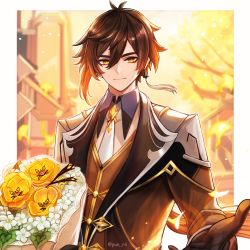 Rule 34 | 1boy, absurdres, black gloves, blush, bouquet, brown hair, closed mouth, collared shirt, commentary, earrings, english commentary, eyeliner, flower, formal, genshin impact, gloves, gradient hair, hair between eyes, highres, holding, holding bouquet, jacket, jewelry, long hair, long sleeves, looking at viewer, makeup, male focus, multicolored hair, necktie, orange hair, ponytail, pun-rii, shirt, single earring, smile, solo, standing, suit, tassel, tassel earrings, white flower, white necktie, yellow eyes, zhongli (genshin impact)