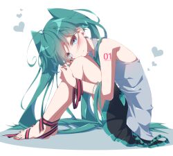 Rule 34 | 1girl, aosaki yato, aqua hair, bare arms, bare shoulders, black skirt, blue eyes, bound, bound legs, commentary, curled up, feet, full body, grey shirt, hands on own legs, hatsune miku, heart, highres, holding, holding ribbon, hugging own legs, knees up, leaning forward, light blush, long hair, looking at viewer, looking to the side, miku day, miniskirt, nail polish, pleated skirt, ribbon, shadow, shirt, sitting, skirt, sleeveless, sleeveless shirt, smile, solo, toenail polish, toenails, toes, twintails, very long hair, vocaloid, white background