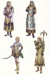 Rule 34 | 1girl, 3boys, absurdres, armor, blonde hair, book, boots, bow (weapon), brown hair, green eyes, highres, lips, lipstick, makeup, masato (valkyrie profile), multiple boys, phyress, robe, seluvia, shoes, short hair, valkyrie profile (series), valkyrie profile 2: silmeria, weapon, white background, xehnon, yamashita shun&#039;ya