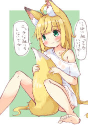 Rule 34 | 1girl, absurdres, animal ear fluff, animal ears, barefoot, between legs, blonde hair, commentary request, feet, fox ears, fox girl, fox tail, green background, green eyes, highres, holding, holding with tail, knees up, long hair, manabe mana, no pants, off shoulder, original, prehensile tail, shirt, short sleeves, simple background, sitting, soles, solo, t-shirt, tail, tail between legs, tail censor, toes, translated, white shirt