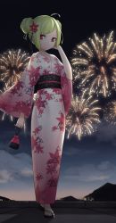 Rule 34 | 1girl, ahoge, black sash, collarbone, commentary, delutaya, diagonal bangs, double bun, english commentary, fireworks, floral print, flower, flower request, full body, green hair, hair bun, hair flower, hair ornament, happy new year, highres, indie virtual youtuber, japanese clothes, kimono, long sleeves, looking at viewer, mountain, new year, night, night sky, obi, outdoors, red eyes, rev0ke, sandals, sash, second-party source, sky, solo, standing, triangle print, virtual youtuber, wide sleeves