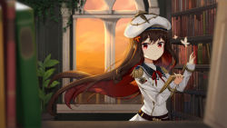 Rule 34 | 1girl, bad id, bad pixiv id, book, bookshelf, brown hair, bug, butterfly, character request, epaulettes, gradient eyes, hat, highres, holding, holding book, insect, long hair, looking at viewer, luzzi (milllim), military, military uniform, multicolored eyes, multicolored hair, neck ribbon, red eyes, red hair, red ribbon, ribbon, solo, sunset, teria saga, two-tone hair, uniform, very long hair, white hat, white uniform, window