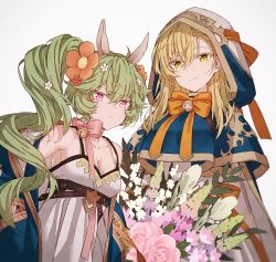 Rule 34 | 2girls, animal ears, blonde hair, breasts, cleavage, cloak, collarbone, curly hair, flower, flower girl bari, green hair, guardian tales, hair flower, hair ornament, hakusai (tiahszld), hood, hood up, hooded cloak, light smile, looking at viewer, loose clothes, mayreel (guardian tales), multiple girls, neck ribbon, open cloak, open clothes, pink eyes, pouty lips, ribbon, white background, yellow eyes