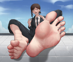 Rule 34 | 1girl, absurdres, barefoot, brown eyes, brown hair, business suit, chainsaw man, feet, formal, higashiyama kobeni, highres, long hair, looking at viewer, necktie, open mouth, pazixia, soles, suit, toes