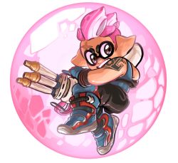 Rule 34 | 1girl, bare shoulders, boots, brown eyes, bubble, commentary, cosplay, costume, energy barrier, funkgamut, gatling gun, gloves, gun, holding, holding weapon, inkling player character, looking at viewer, nintendo, overwatch, overwatch 1, parody, pink hair, pointy ears, power connection, scar, shield, short hair, solo, splatoon (series), splatoon 1, tattoo, tentacle hair, weapon, zarya (overwatch), zarya (overwatch) (cosplay)