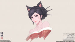 Rule 34 | 1girl, ahri (league of legends), animal ears, artist name, black eyes, black hair, brown background, character name, closed mouth, fox ears, fox girl, hair bun, japanese clothes, kimono, league of legends, lenn sparrow, lips, looking at viewer, off shoulder, red kimono, simple background, single hair bun, smile, upper body
