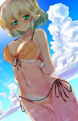 Rule 34 | &gt;:&lt;, 1girl, :&lt;, animated, animated png, annoyed, arms behind back, bad id, bad pixiv id, bikini, blonde hair, blush, breasts, closed mouth, cloud, collarbone, day, dutch angle, embarrassed, front-tie top, green eyes, green hair, large breasts, lens flare, looking at viewer, lowleg, lowleg bikini, matching hair/eyes, mizuhashi parsee, multicolored hair, navel, non-repeating animation, ocean, orange bikini, outdoors, panties, pantyshot, plaid, plaid bikini, pointy ears, short hair, side-tie bikini bottom, sky, solo, sousakubito, standing, star (sky), starry sky, stomach, swimsuit, thigh gap, thumbnail surprise, touhou, two-tone hair, underboob, underwear, unmoving pattern, v-shaped eyebrows, wading, wet, white panties