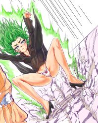 Rule 34 | 1boy, 1girl, accidental pervert, arms up, black dress, closed mouth, curly hair, destruction, dress, flipped hair, green eyes, green hair, high heels, highres, king (one-punch man), legs, looking at another, one-punch man, panties, scar, scar on face, short hair, side slit, tatsumaki, thighs, underwear, white panties, wide-eyed, zican yingyue
