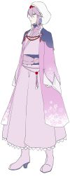 Rule 34 | androgynous, arms at sides, asrbpy, boots, creatures (company), earrings, espeon, full body, game freak, gen 2 pokemon, gender request, hair between eyes, hair ornament, highres, japanese clothes, jewelry, kimono, long sleeves, nintendo, personification, pink eyes, pink hair, pokemon, short hair, simple background, solo, white headwear, wide sleeves