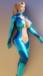 Rule 34 | 1girl, 3d, adapted costume, animated, blonde hair, blue bodysuit, blue lips, bodysuit, bouncing breasts, breasts, cleavage, cleavage cutout, clothing cutout, crotch cutout, functionally nude, guidugalle, highres, huge breasts, large breasts, metroid, nintendo, pussy, revealing clothes, sagging breasts, samus aran, solo, video, walk cycle, walking