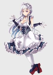 Rule 34 | 1girl, apron, azur lane, bare shoulders, belfast (azur lane), blue dress, blush, braid, breasts, buttons, chain, cleavage, closed mouth, collar, collarbone, double-breasted, dress, floating hair, french braid, frilled apron, frilled dress, frills, full body, gauntlets, grey background, highres, holding, large breasts, long hair, looking at viewer, madotsukumo, maid, maid apron, maid headdress, platform footwear, purple eyes, shell casing, shoes, simple background, sleeveless, sleeveless dress, smile, solo, underbust, white apron, white hair, white legwear