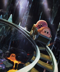 Rule 34 | absurdres, cart, cave, crab, dark, fire, happy, highres, kirby, kirby (series), kirby 64, light, light rays, magman, lava, monster, nintendo, open mouth, railroad tracks, signature, suyasuyabi, tongue, waddle dee, water, waterfall
