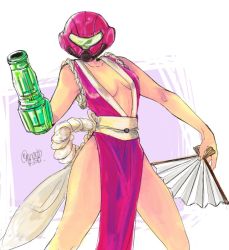 Rule 34 | 1girl, anato0350, arm cannon, bare arms, bare legs, breasts, cleavage, commentary, cosplay, crossover, fatal fury, hand fan, helmet, image sample, japanese clothes, kimono, metroid, nintendo, obi, red kimono, revealing clothes, rope, samus aran, sash, shiranui mai, shiranui mai (cosplay), snk, solo, the king of fighters, thighs, twitter, twitter sample, visor, weapon