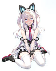 Rule 34 | 1girl, animal ears, arms between legs, azur lane, bare shoulders, between legs, black footwear, black skirt, blue eyes, blush, boots, cat ears, commentary request, fake animal ears, full body, garter straps, hammann (azur lane), hammann ii (azur lane), hand between legs, highres, long hair, looking at viewer, nakazawa aki, open mouth, pleated skirt, see-through, see-through sleeves, shadow, shirt, simple background, sitting, skirt, sleeveless, sleeveless shirt, solo, thighhighs, thighs, two side up, very long hair, wariza, white background, white hair, white thighhighs