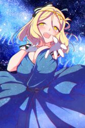 Rule 34 | 1girl, arm up, azukilib, black bow, blonde hair, blue background, blue dress, blue sky, blue theme, blurry, blush, bow, breasts, chromatic aberration, cleavage, depth of field, dress, female focus, gloves, hair between eyes, hair bow, half-closed eyes, hand on own chest, hand up, happy, highres, large breasts, looking at viewer, love live!, love live! sunshine!!, night, ohara mari, open mouth, outdoors, outstretched arm, reaching, reaching towards viewer, short hair, sidelocks, sky, sleeveless, sleeveless dress, smile, solo, standing, star (sky), starry sky, teeth, white gloves, yellow eyes