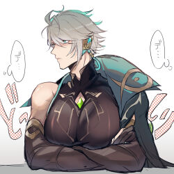 Rule 34 | 1boy, ahoge, alhaitham (genshin impact), aqua hair, arabian clothes, black shirt, breasts, crossed arms, facing to the side, genshin impact, grey hair, headphones, highres, male focus, male with breasts, multicolored hair, shirt, short hair, sketch, solo, thought bubble, translation request, wagonora, white background