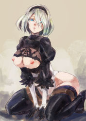 Rule 34 | 1girl, bad id, bad pixiv id, black thighhighs, blue eyes, breasts, cleavage cutout, clothing cutout, hairband, large breasts, leotard, looking at viewer, nier:automata, nier (series), nipples, open mouth, short hair, silver hair, solo, squatting, thighhighs, yohane, 2b (nier:automata)