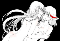 Rule 34 | 10s, 2girls, arm grab, ass, black background, breasts, covering privates, covering breasts, face-to-face, female focus, incest, kill la kill, kiryuuin satsuki, large breasts, long hair, matoi ryuuko, monochrome, multiple girls, nipples, nude, parted lips, seozo, short hair, siblings, sisters, spot color, yuri