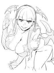 Rule 34 | 1girl, bakkanki, bare shoulders, breasts, bridal gauntlets, cleavage, commentary request, demon girl, elbow gloves, gloves, greyscale, head wings, large breasts, leotard, long hair, looking at viewer, monochrome, morrigan aensland, pantyhose, simple background, smile, solo, vampire (game), white background, wings