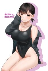 Rule 34 | 1girl, awono nanaumi, black hair, black jacket, black one-piece swimsuit, borrowed character, breasts, brown eyes, character name, cleavage, competition swimsuit, covered navel, feet out of frame, highres, jacket, large breasts, low ponytail, one-piece swimsuit, open clothes, open jacket, original, second-party source, short hair, solo, swimsuit, twitter username, white background