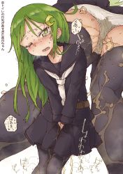 Rule 34 | 1girl, ass, belt, between legs, black sailor collar, black shirt, black thighhighs, blush, breath, character name, crescent, crescent hair ornament, embarrassed, female focus, flat chest, from below, green hair, hair ornament, half-closed eye, hand between legs, have to pee, heart, highres, japanese text, kantai collection, koorimizu, leaning forward, long hair, long sleeves, looking at viewer, moaning, multiple views, nagatsuki (kancolle), neckerchief, nose blush, one eye closed, open mouth, own hands together, panties, pee, peeing, peeing self, sailor collar, school uniform, see-through, serafuku, shirt, sidelocks, simple background, speech bubble, spoken heart, standing, steam, sweat, tears, teeth, thighhighs, translation request, trembling, underwear, upskirt, v arms, wet, wet clothes, wet panties, white background, white neckerchief, white panties, wince