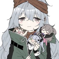 Rule 34 | 404 (girls&#039; frontline), 4girls, alternate costume, alternate hairstyle, artist request, brown eyes, brown hair, chibi, closed eyes, commentary request, g11 (girls&#039; frontline), girls&#039; frontline, green eyes, grey hair, hair between eyes, happy, hk416 (black kitty&#039;s gift) (girls&#039; frontline), hk416 (girls&#039; frontline), long hair, lowres, multiple girls, no scar, official alternate costume, one eye closed, simple background, smile, ump45 (agent lop rabbit) (girls&#039; frontline), ump45 (girls&#039; frontline), ump9 (girls&#039; frontline), ump9 (shiba investigator) (girls&#039; frontline), white background