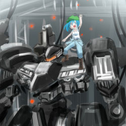 Rule 34 | 1girl, arm up, armored core, armored core 4, azuki (azuki-taste), blue eyes, blue hair, hat, kawashiro nitori, looking at viewer, matching hair/eyes, mecha, open mouth, robot, short hair, smile, solo, supplice, touhou, wrench