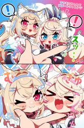 Rule 34 | !, &gt; &lt;, 2girls, absurdres, animal ear fluff, animal ears, black jacket, blonde hair, blue eyes, blue hair, blush stickers, chibi, chin on palm challenge, cropped jacket, cropped shirt, dog ears, dog girl, dress, fake claws, fangs, fur-trimmed jacket, fur trim, fuwawa abyssgard, fuwawa abyssgard (1st costume), hair ornament, hairpin, happy, headphones, headphones around neck, highres, hololive, hololive english, jacket, looking at viewer, mococo abyssgard, mococo abyssgard (1st costume), multicolored hair, multiple girls, one eye closed, open mouth, pink eyes, pink hair, sakuramochi (sakura frappe), shirt, siblings, sisters, skin fangs, spoken exclamation mark, streaked hair, twins, virtual youtuber, white dress, white shirt, x hair ornament