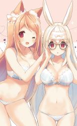 Rule 34 | 2girls, :o, animal ear fluff, animal ears, bespectacled, bra, breasts, cleavage, commentary, cowboy shot, cynthia riddle, extra ears, fox ears, glasses, hair ribbon, heart, long hair, looking at viewer, medium breasts, milia leclerc, multiple girls, navel, one eye closed, open mouth, orange hair, original, p19, panties, rabbit ears, red eyes, ribbon, sidelocks, smile, sparkle, standing, swept bangs, underwear, underwear only, very long hair, virtual youtuber, white hair