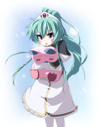 Rule 34 | 00s, 1girl, breath, drill hair, galaxy angel, green hair, grune, high ponytail, hug, hug from behind, long hair, looking at viewer, military, military uniform, normad, pantyhose, ponytail, red eyes, simple background, solo, stuffed animal, stuffed toy, uniform, vanilla h, white pantyhose