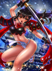 Rule 34 | 10s, 1girl, armor, bare legs, black hair, female focus, fundoshi, highres, izumi (queen&#039;s blade), japanese armor, japanese clothes, looking at viewer, night, ponytail, queen&#039;s blade, queen&#039;s blade rebellion, shiny skin, sword, weapon