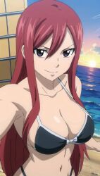 Rule 34 | 1girl, breasts, cleavage, erza scarlet, fairy tail, large breasts, looking at viewer, ocean, red hair, sand, solo, sunset, water