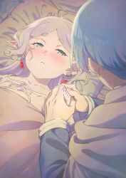 Rule 34 | 1boy, 1girl, aoba seina, blanket, blue hair, blue shirt, blush, cloak, commentary, earrings, facing away, frieren, green eyes, half-closed eyes, hand grab, highres, himmel (sousou no frieren), holding hands, jewelry, long hair, looking at another, lying, on back, pillow, shirt, short hair, sick, sousou no frieren, thick eyebrows, white cloak, white hair, white shirt