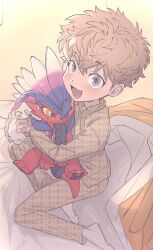 Rule 34 | 1boy, bed sheet, blanket, blush, brown hair, child, creatures (company), fang, game freak, grey eyes, holding, holding pokemon, koraidon, long sleeves, looking at viewer, male focus, nintendo, open mouth, pajamas, pokemon, pokemon (creature), short hair, uochandayo