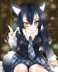 Rule 34 | 10s, 1girl, :3, animal ears, black hair, blue eyes, blush, breasts, fang, fang out, fur collar, grey wolf (kemono friends), heterochromia, ichinose aki, kemono friends, long hair, long sleeves, looking at viewer, medium breasts, multicolored hair, necktie, pencil, silver hair, sitting, skirt, solo, tail, two-tone hair, wolf ears, wolf tail, yellow eyes