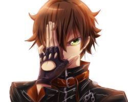 Rule 34 | &gt;:(, 10s, 1boy, black gloves, brown hair, chain, chuunibyou demo koi ga shitai!, code geass, covering one eye, dark flame master, fingerless gloves, frown, fukuyama jun, gloves, green eyes, highres, lelouch vi britannia, looking at viewer, male focus, messy hair, parody, rpg-exen, serious, short hair, simple background, solo, togashi yuuta, upper body, v-shaped eyebrows, voice actor connection, white background