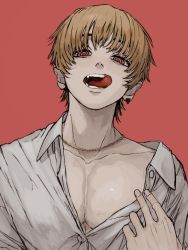 Rule 34 | 1boy, @ @, bad id, bad pixiv id, blush, brown hair, collarbone, earrings, fangs, fingernails, gakudayo, jewelry, large pectorals, light blush, light brown hair, male focus, necklace, open mouth, original, pectorals, red background, red eyes, simple background, single earring, solo, triangle, triangle earrings, undressing, upper body