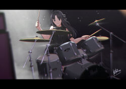 Rule 34 | 1girl, absurdres, ahoge, awa subaru, belt, black hair, black ribbon, black shirt, chromatic aberration, clenched teeth, commentary, drum, drum set, drumsticks, english commentary, girls band cry, grey belt, hair ribbon, highres, holding, holding drumsticks, instrument, letterboxed, light particles, long hair, mixed-language commentary, nanoram, parted bangs, pearl drums, playing drum, purple eyes, ribbon, shirt, sidelocks, signature, sitting, sleeveless, sleeveless shirt, solo, sparkle, teeth