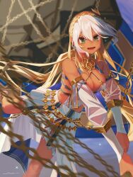 Rule 34 | 1girl, a ta309, andromeda (fate), andromeda (first ascension) (fate), armlet, bare shoulders, belly chain, blonde hair, blush, boulder, braid, breasts, chain, cleavage, collar, crown braid, cuffs, dark-skinned female, dark skin, detached sleeves, dress, fate/grand order, fate (series), green eyes, hair ornament, highres, jewelry, large breasts, long hair, looking at viewer, low twintails, metal collar, multicolored hair, open mouth, shackles, sidelocks, smile, solo, twintails, two-tone hair, white dress, white hair