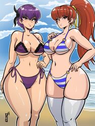 Rule 34 | 2023, 2girls, ayane (doa), bare shoulders, beach, bikini, blue sky, breasts, brown eyes, brown hair, cleavage, cloud, curvy, dead or alive, dead or alive xtreme, female focus, frilled bikini, frills, hair ribbon, highleg, highleg bikini, highres, kasumi (doa), large breasts, long hair, looking at viewer, matching hair/eyes, multiple girls, navel, o-ring, o-ring bikini, ocean, paddy g (terrybrogard), ponytail, purple bikini, purple hair, red eyes, ribbon, sand, short hair, siblings, side-tie bikini bottom, signature, sisters, sky, smile, standing, stomach, striped bikini, striped clothes, swimsuit, thick thighs, thighhighs, thighs, underboob, water, white thighhighs, wide hips, yellow ribbon