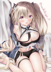 Rule 34 | 1girl, :d, absurdres, anchorage (azur lane), arm up, armpits, azur lane, bare shoulders, barefoot, bed sheet, bikini, bikini top only, black bikini, black neckwear, black shorts, blue coat, blush, breasts, brown hair, cleavage, coat, commentary request, crossed bangs, hair between eyes, hair ornament, headgear, highres, indoors, large breasts, long hair, long sleeves, looking at viewer, makihige, midriff, navel, off shoulder, open mouth, purple eyes, shirt, short shorts, shorts, sidelocks, simple background, sitting, skindentation, sleeveless, sleeveless shirt, sleeves past fingers, sleeves past wrists, smile, solo, swimsuit, thigh strap, tied shirt, twintails, twitter username, very long hair, wariza, white background, white shirt, white sleeves, wide sleeves