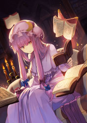 Rule 34 | 1girl, alternate eye color, blue bow, book, bookshelf, bow, candle, capelet, commentary request, couch, crescent, crescent hair ornament, dress, dutch angle, falken (yutozin), feet out of frame, frilled capelet, frills, hair between eyes, hair bow, hair ornament, hat, highres, holding, holding book, indoors, light particles, long hair, long sleeves, looking at viewer, mob cap, parted lips, patchouli knowledge, purple capelet, purple dress, purple hair, purple hat, red bow, red eyes, sidelocks, sitting, solo, touhou, very long hair